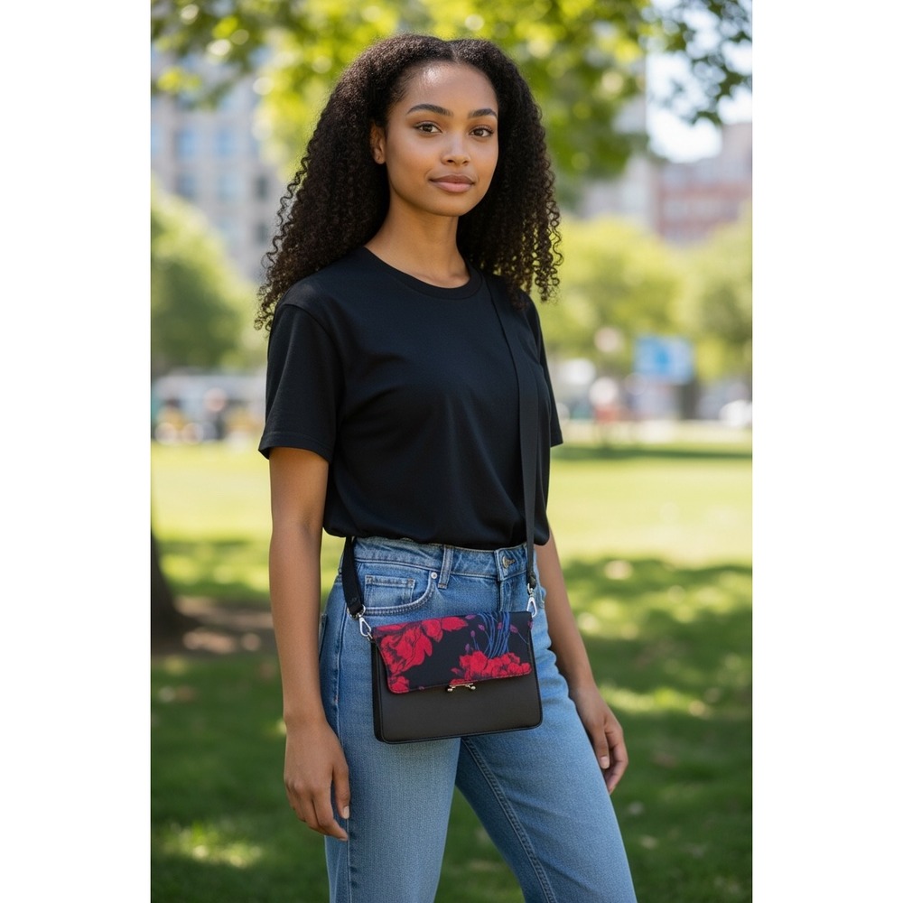 JustFab Floral Tapestry Crossbody Bag Black Red Blue Faux Leather Small Purse